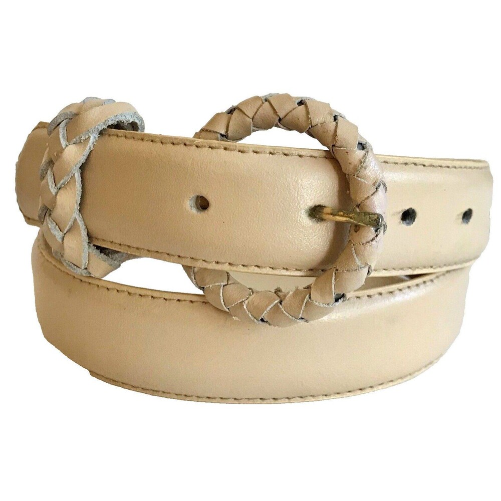 Vintage LA RUE Cream Beige Leather Belt Womens Size S M Weave Braided Buckle